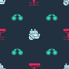 Set Lighthouse, Cruise ship and Binoculars on seamless pattern. Vector