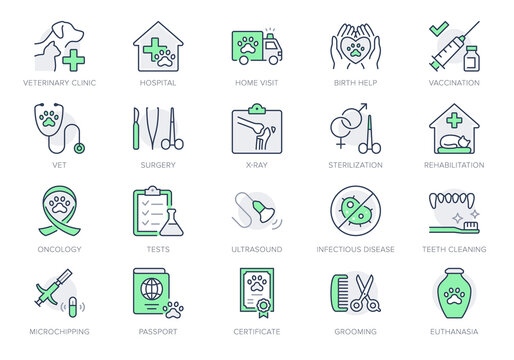 Veterinary line icons. Vector illustration include icon - stethoscope, grooming, , xray, ultrasound, vaccination, sterilization outline pictogram for vet clinic. Green Color, Editable Stroke
