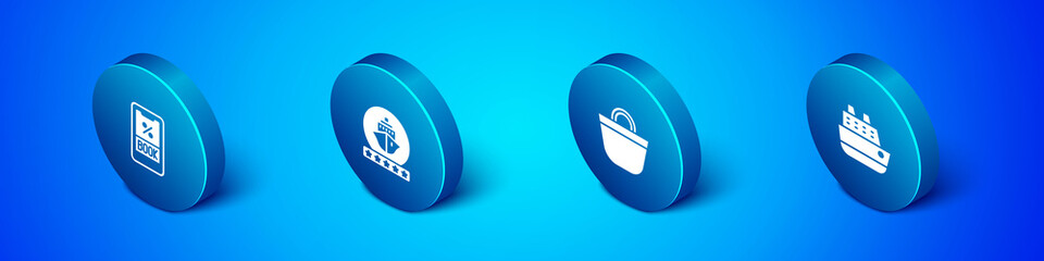 Set Isometric Cruise ticket, Beach bag, ship and icon. Vector