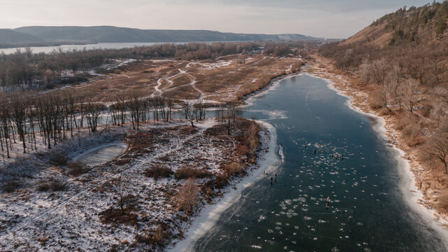 Frozen river, scenic november landscape