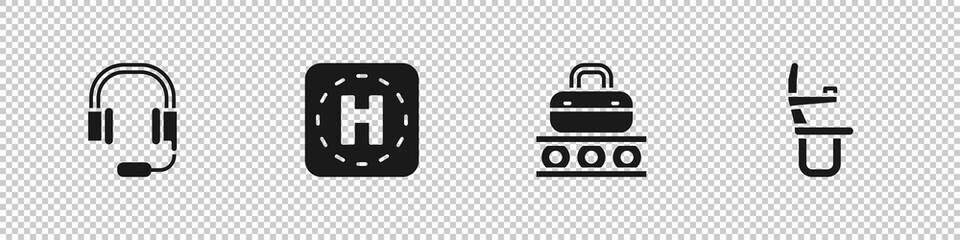 Set Headphones with microphone, Helicopter landing pad, Conveyor belt suitcase and Airplane seat icon. Vector