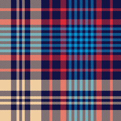 Tartan plaid pattern in navy blue, red, beige. Dark bright herringbone large textured seamless check plaid graphic background for blanket, duvet cover, other trendy spring autumn winter textile print.