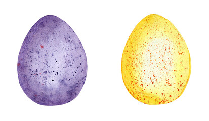 Watercolor illustration set of Easter eggs yellow and purple speckled. Happy easter template for design isolated on white background. Hand-drawn.