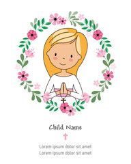 My first communion girl card. Girl praying inside a flower frame. Isolated vector