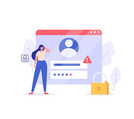 Woman forgot the password. Concept of forgotten password, key, account access, blocked access, protection, account security. Vector illustration in flat design for web page, landing, web banner