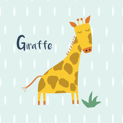 Hand drawn cartoon cute giraffe and letter G in flat style isolated. Childlike style. For kids. Alphabet. Letter G. Vector illustration.