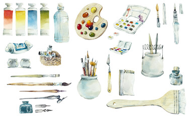 Artist Accessories. Watercolor hand drawn illustration