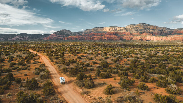 camping truck driving through arizona