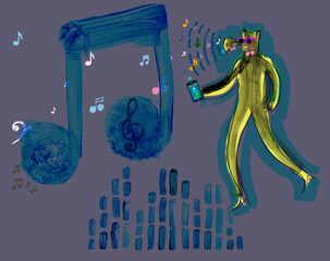 Large Musical Note and Cartoon Character Downloading Tunes on Smartphone