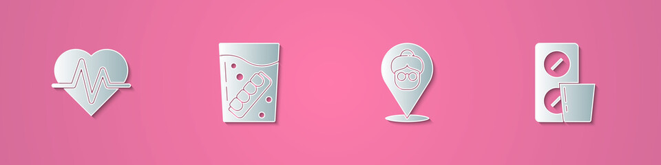 Set paper cut Heart rate, False jaw in glass, Nursing home and Pills blister pack icon. Paper art style. Vector