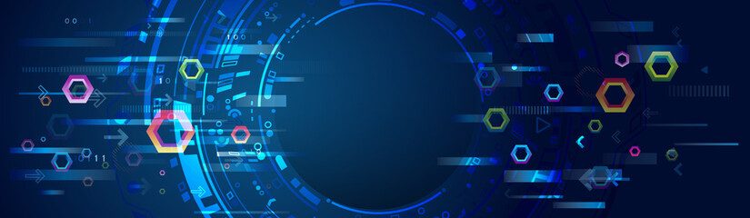 Wide Cyber security internet and networking concept. Abstract global sci fi concept. Digital internet communication on blue background. Hi-tech vector illustration with various technology elements.