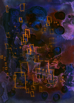 Rectangles in Orange, a light, transparent abstract watercolor painting with wax pastel detail