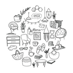  
hygge doodle set in circle on the white background