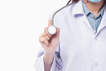 Profession healthcare people and medicine concept. Closeup of female doctor using stethoscope isolated on white background.