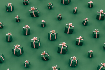 Green and pink christmas gifts on green background