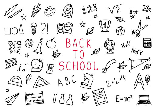 Back to school set in doodle style. Freehand drawing school items. Coloring page. Hand drawn.