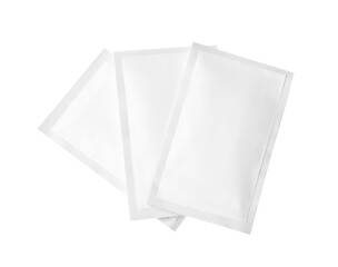 Three sachets on white background. Single use package