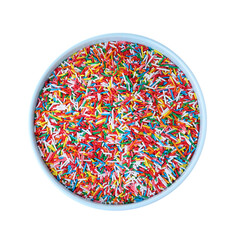 Colorful sprinkles in bowl on white background, top view. Confectionery decor
