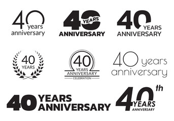 40 years anniversary icon or logo set. 40th birthday celebration badge or label for invitation card, jubilee design. Vector illustration.