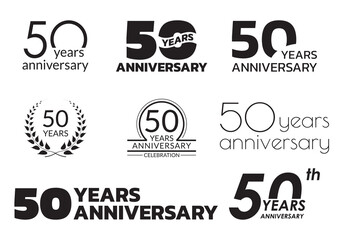 50 years anniversary icon or logo set. 50th birthday celebration badge or label for invitation card, jubilee design. Vector illustration.