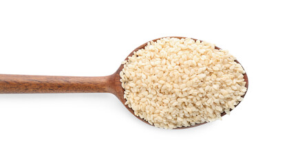 Wooden spoon with sesame seeds on white background, top view
