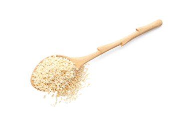 Wooden spoon with sesame seeds on white background, top view