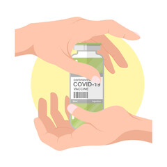 Vaccine COVID-19 vector icon.  Vaccine vial, bottle of medicine in hand. Coronavirus concept. Flat icon of a medical ampoule and hand. Isolated vector illustration