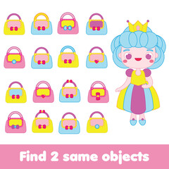 Children educational game. Find two same bags for princess