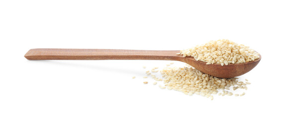 Wooden spoon with sesame seeds on white background