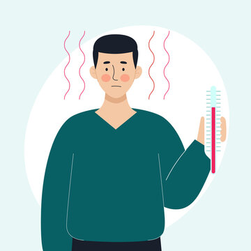 A sick man holds a thermometer in his hand. The concept of sick people, fever, colds and viral diseases, coronaviras, covid. Illustration in flat style