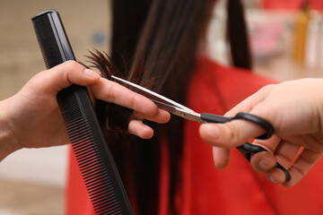 Stylist cutting hair of client in professional salon, closeup