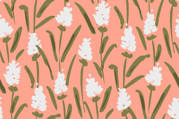 Fototapeta na wymiar Field of pretty white flowers like lavender with a painted texture. Solid floral seamless vector pattern in peach, white and green. Great for home décor, fabric, wallpaper, gift-wrap, stationery, etc.