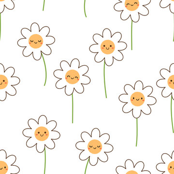 Seamless pattern with daisy flower cartoon on white background vector illustration.