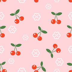 Seamless pattern with cherry fruit on pink background vector illustration.