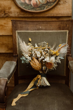 Beautiful wedding bouquet with dried flowers