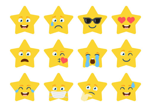 Stars emoji pack icons for apps. Bundle of bright star emoji in flat style.