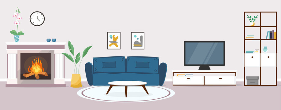 Modern living room interior. Vector banner. Design of a cozy room with a sofa, TV, furniture, fireplace and decor accessories