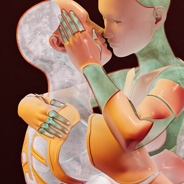 Togetherness: male and female glowing cyborgs