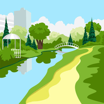 city park. vector image of a walking area in the park. nature. trees and river