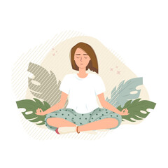 Obraz na płótnie Canvas Calm confident young woman sits with cross-legged on the floor and meditates flat vector illustration. Girl makes morning yoga, breathing exercises, relax at home. Body positive, health care concept.