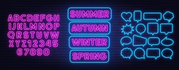 Summer, spring, autumn and winter neon signs on brick wall background. © TanyaFox