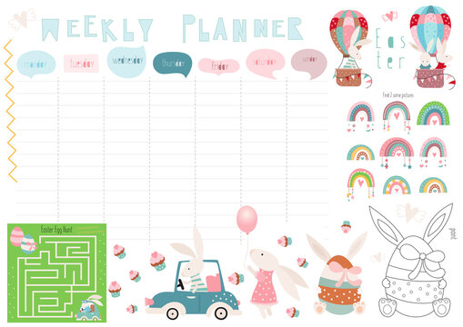Easter weekly planner with cute Easter bunny in cartoon style. Kids schedule design template. Included mini games - maze, coloring page. Vector illustration.