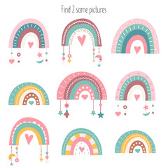 Find two same pictures – boho rainbows. Activity page, logical game for kids. Vector illustration.