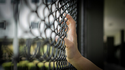 Slavery trade and trafficking victim concept of woman prisoner in jail being tortured, punished or abused in violation with hand holding cage wire mesh - obrazy, fototapety, plakaty