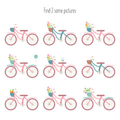 Find two same pictures - women's bike, city bicycle. Logic games for kids. Vector illustration.