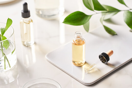 Essential Oils And Green Plants On Table