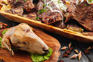 Kazakh national cuisine dish boiled lamb head with meat