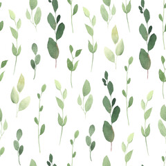 Floral seamless pattern with green branches, watercolor greenery illustration on white background, delicate print.