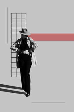 Poster with young attractive woman in constructivism style