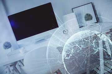 Double exposure of social network theme drawing and office interior background. Concept of web.
